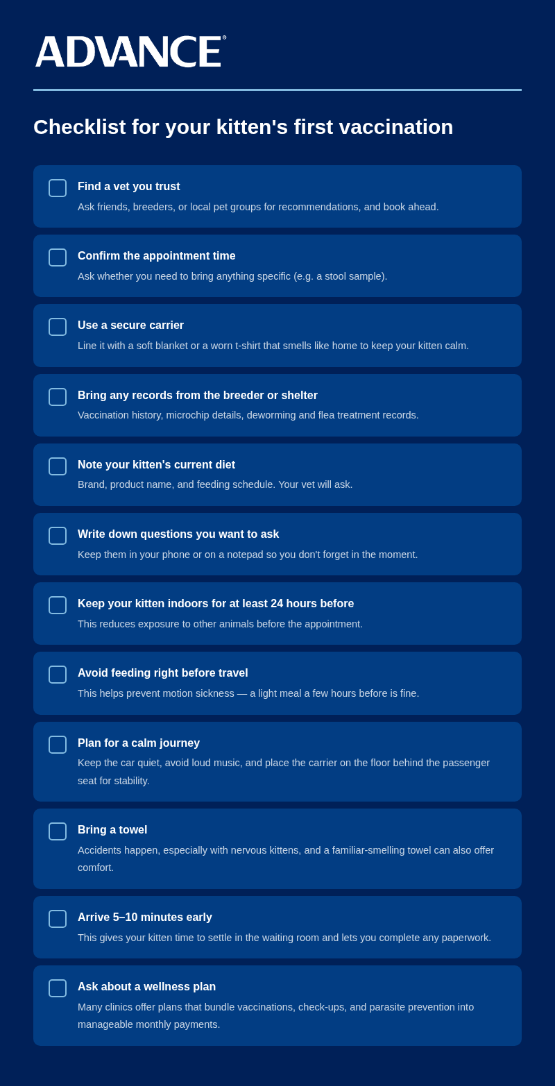 Checklist for your kitten's first vaccination